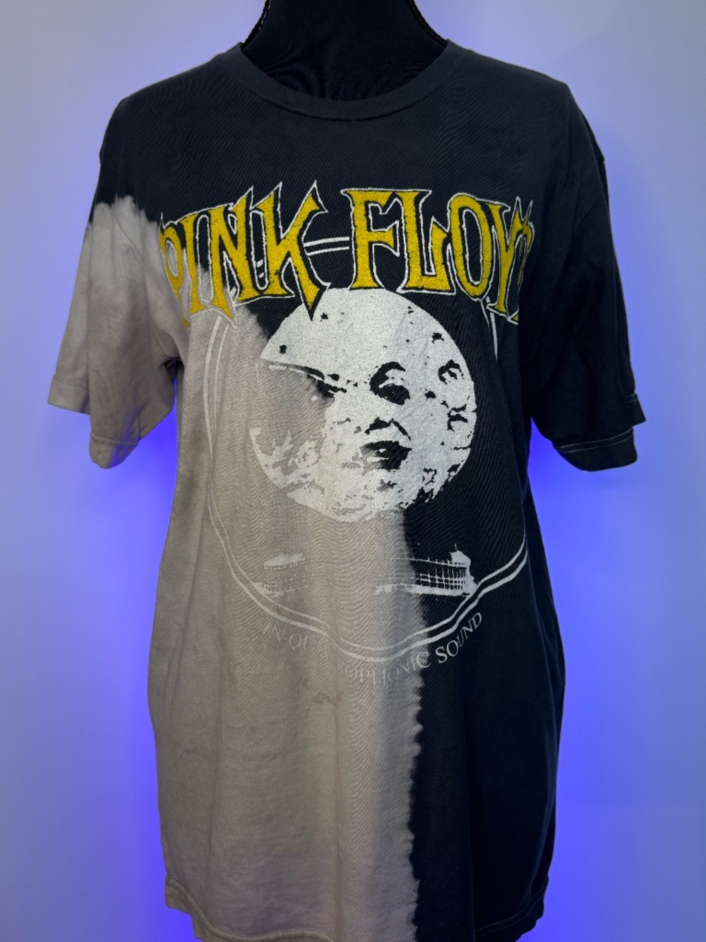 Pink Floyd Tie Dye Graphic Band Tee Black Gray Split Bleach Shirt S/M